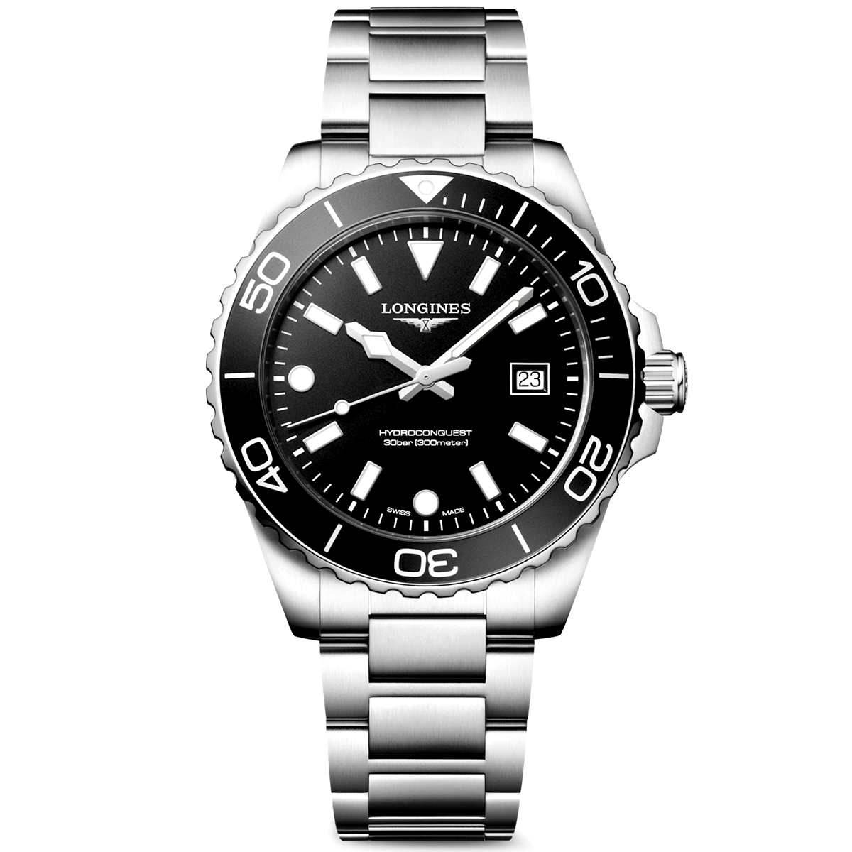 HydroConquest 42mm Black Dial Steel Bracelet Mens Watch
