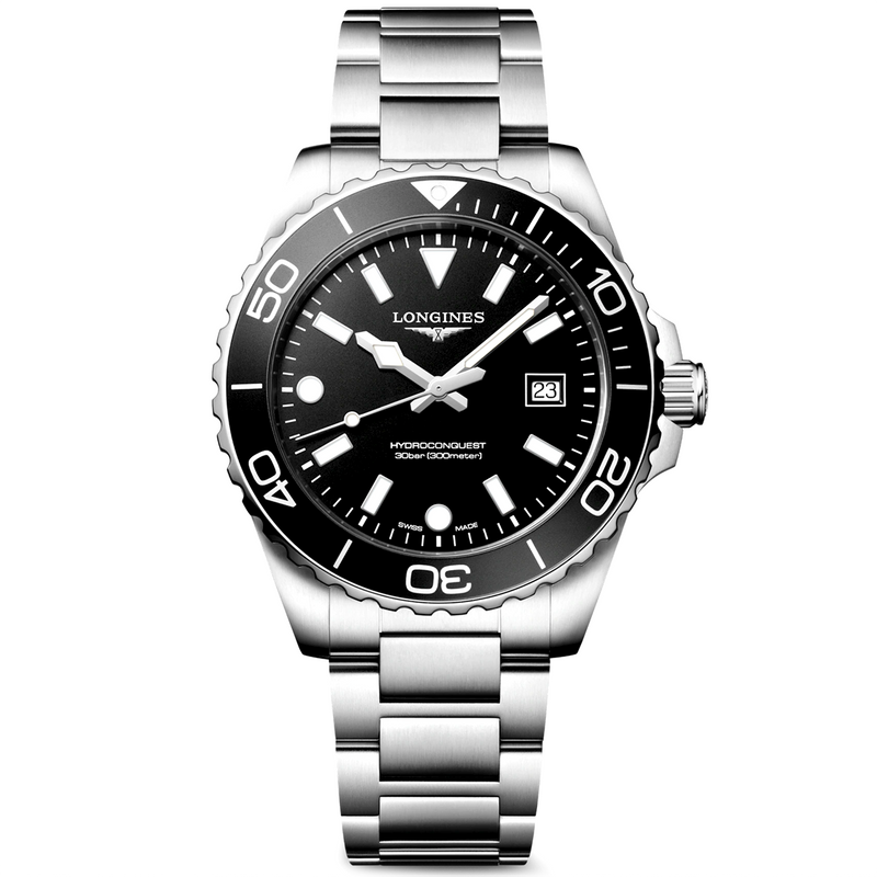 HydroConquest 42mm Black Dial Steel Bracelet Mens Watch