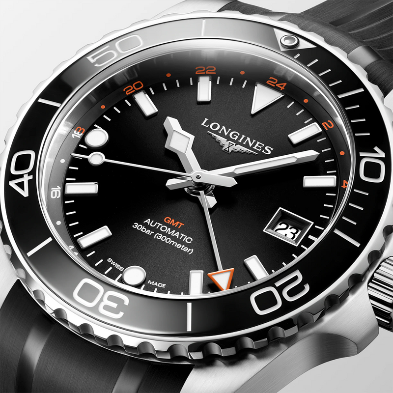 HydroConquest GMT 41mm Black Dial Automatic Strap Watch