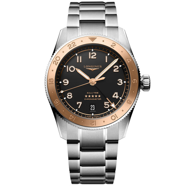 Longines Spirit Zulu Time 39mm Black Dial and Pink Gold Bezel Bracelet Watch - Berry's Jewellers