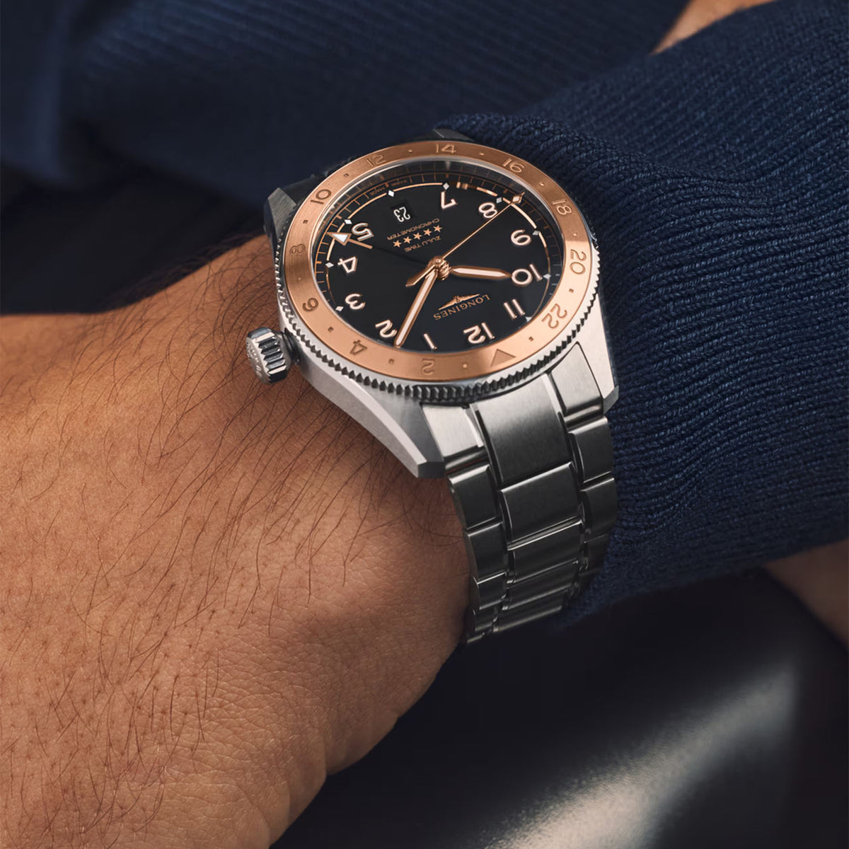 Longines Spirit Zulu Time 39mm Black Dial and Pink Gold Bezel Bracelet Watch - Berry's Jewellers