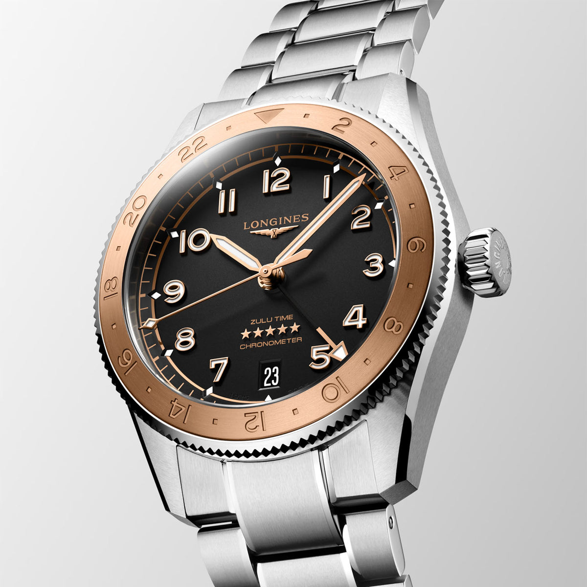 Longines Spirit Zulu Time 39mm Black Dial and Pink Gold Bezel Bracelet Watch - Berry's Jewellers
