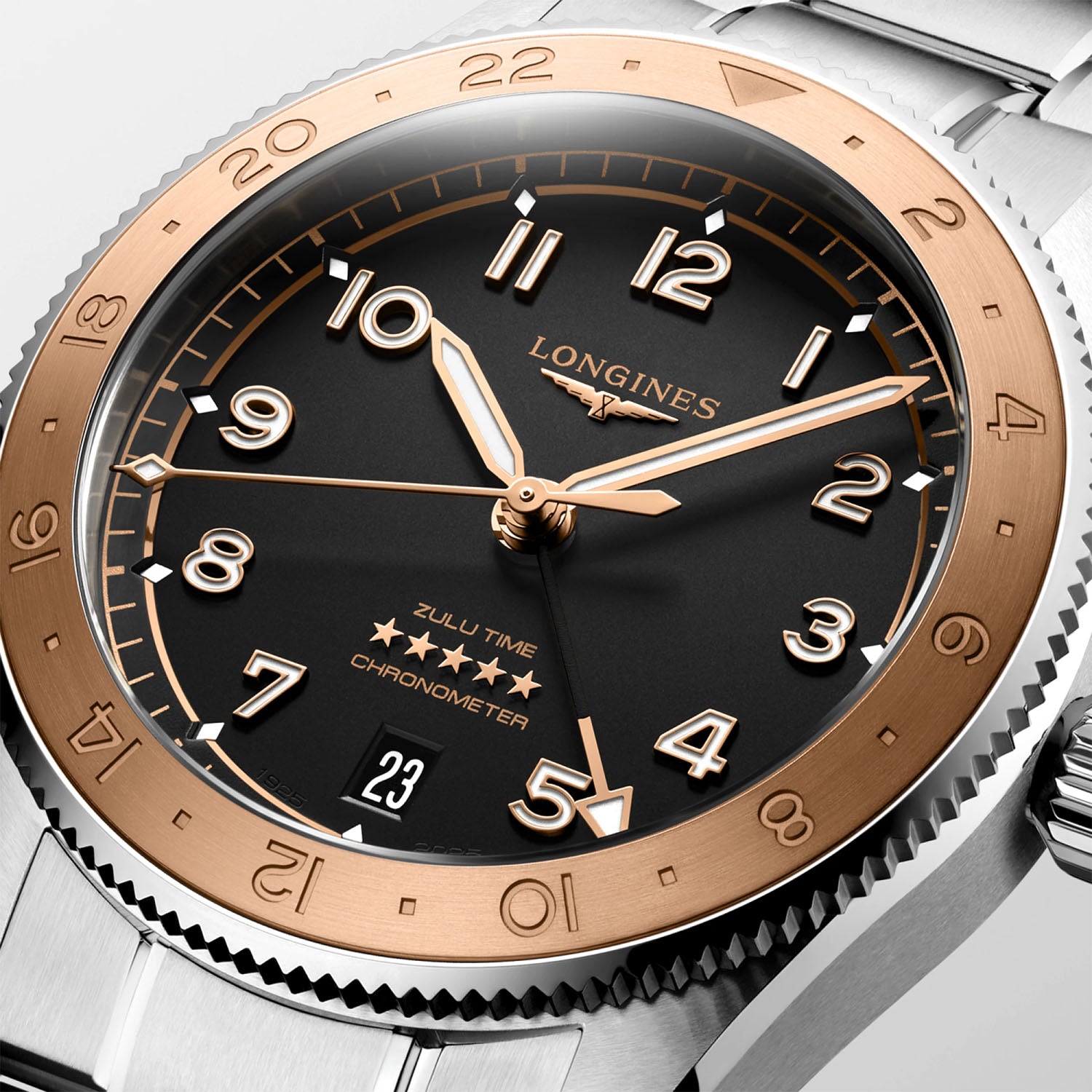 Longines Spirit Zulu Time 39mm Black Dial and Pink Gold Bezel Bracelet Watch - Berry's Jewellers