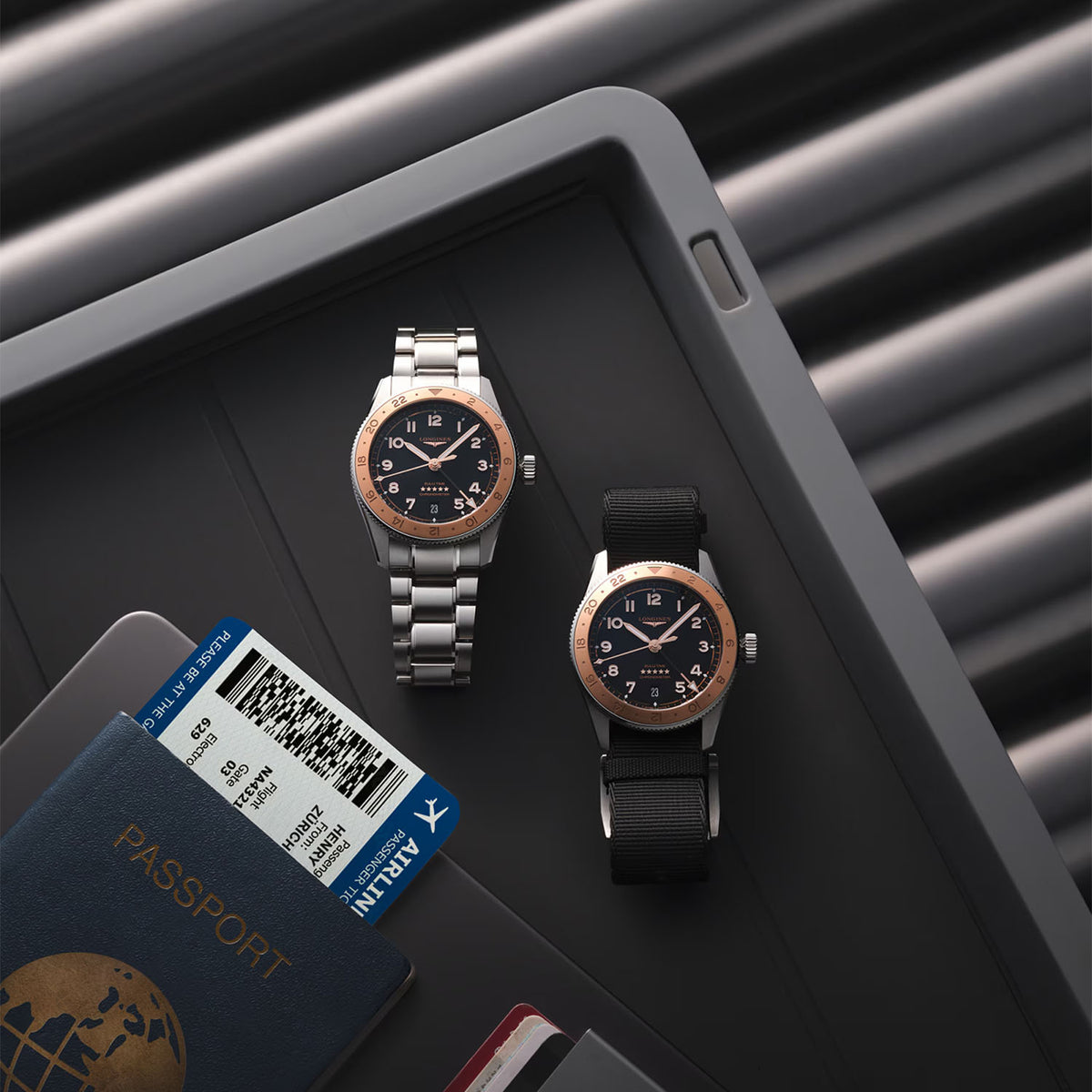 Longines Spirit Zulu Time 39mm Black Dial and Pink Gold Bezel Bracelet Watch - Berry's Jewellers