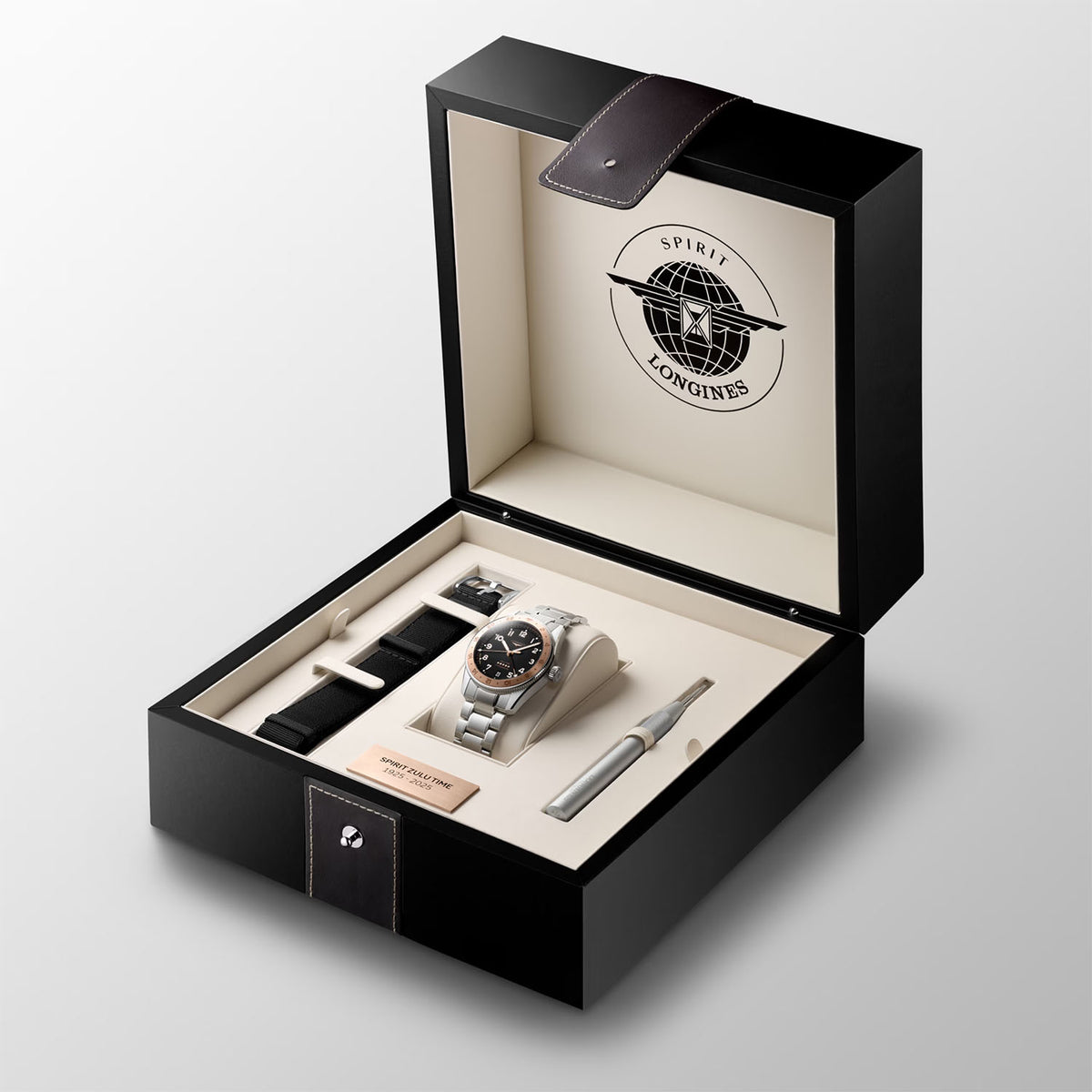 Longines Spirit Zulu Time 39mm Black Dial and Pink Gold Bezel Bracelet Watch - Berry's Jewellers