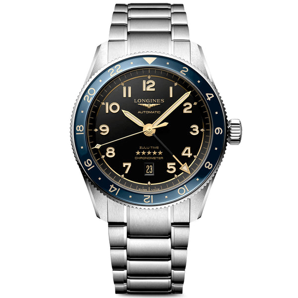 Longines Spirit Zulu Time 42mm Black Dial & Blue Bezel Automatic Bracelet Watch - Berry's Jewellers