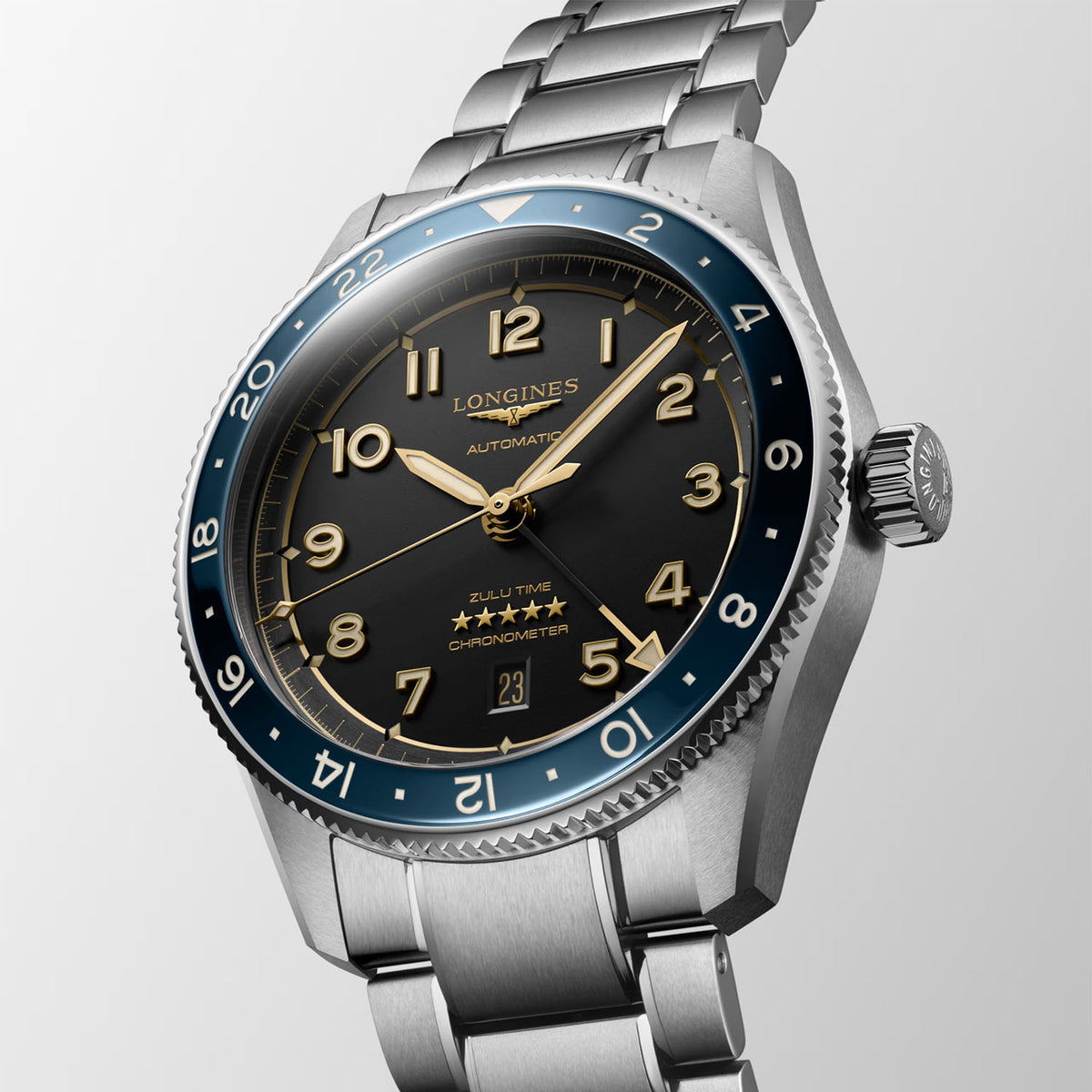 Longines Spirit Zulu Time 42mm Black Dial & Blue Bezel Automatic Bracelet Watch - Berry's Jewellers
