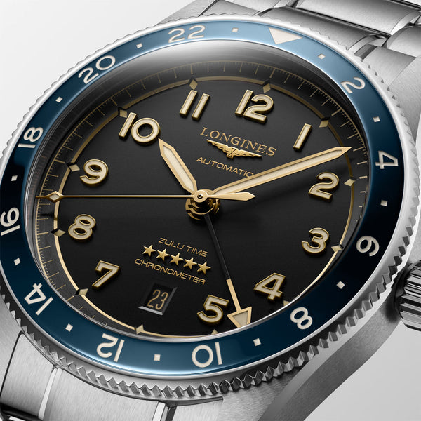 Longines Spirit Zulu Time 42mm Black Dial & Blue Bezel Automatic Bracelet Watch - Berry's Jewellers
