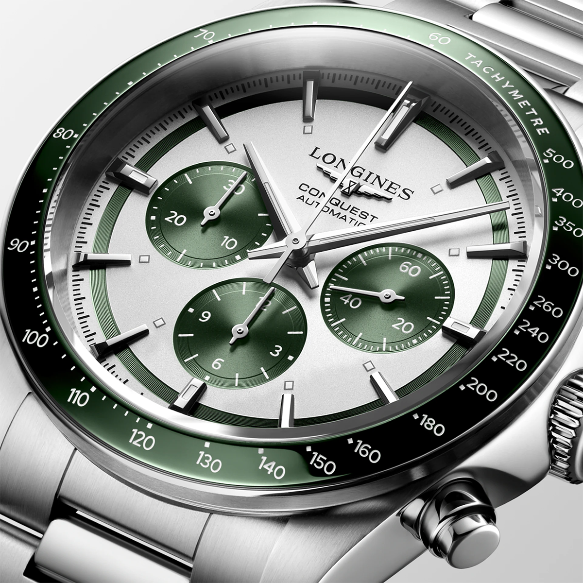 Longines Conquest Chronograph 42mm Green Dial Bracelet Automatic Watch - Berry's Jewellers
