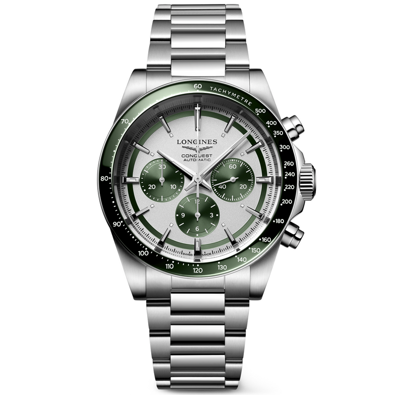 Longines Conquest Chronograph 42mm Green Dial Bracelet Automatic Watch - Berry's Jewellers
