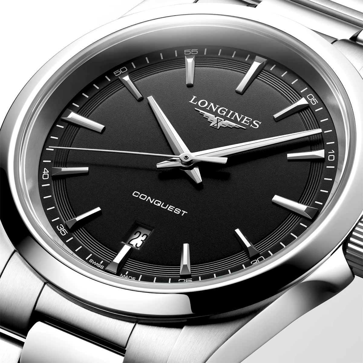 Conquest 41mm Black Dial Steel Bracelet Watch