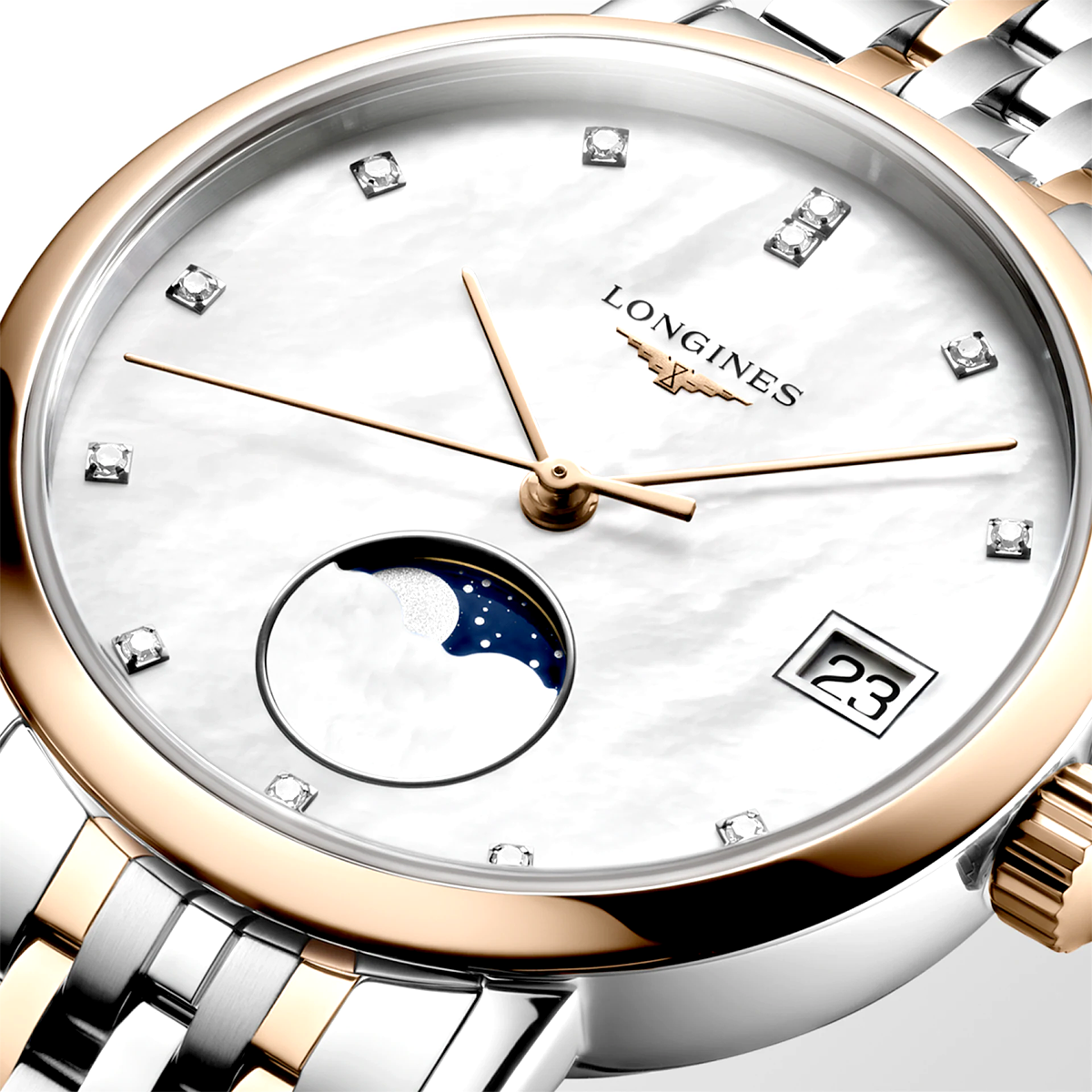 Elegant Moonphase 30mm Two-Tone Mother of Pearl Dial Bracelet Watch