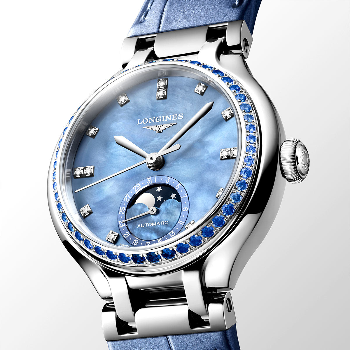 Longines PrimaLuna Moonphase 34mm Steel Automatic Strap Watch - Berry's Jewellers