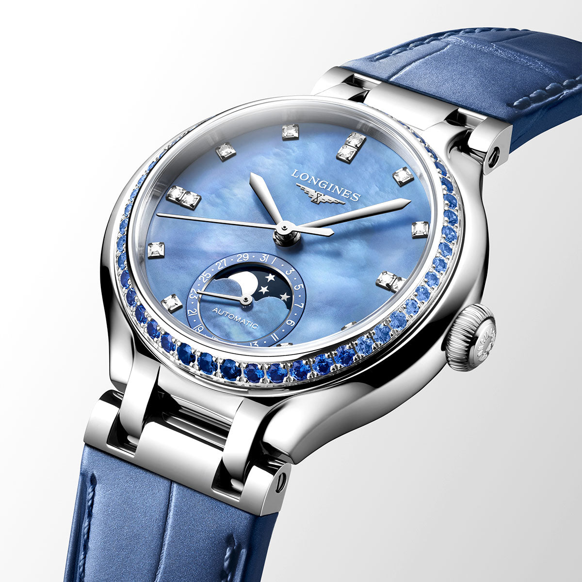 Longines PrimaLuna Moonphase 34mm Steel Automatic Strap Watch - Berry's Jewellers