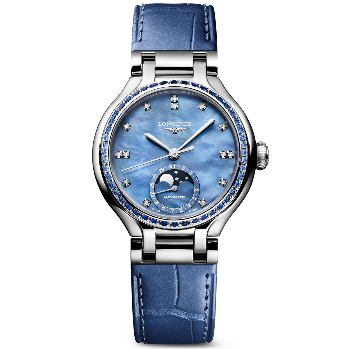Longines PrimaLuna Moonphase 34mm Steel Automatic Strap Watch - Berry's Jewellers