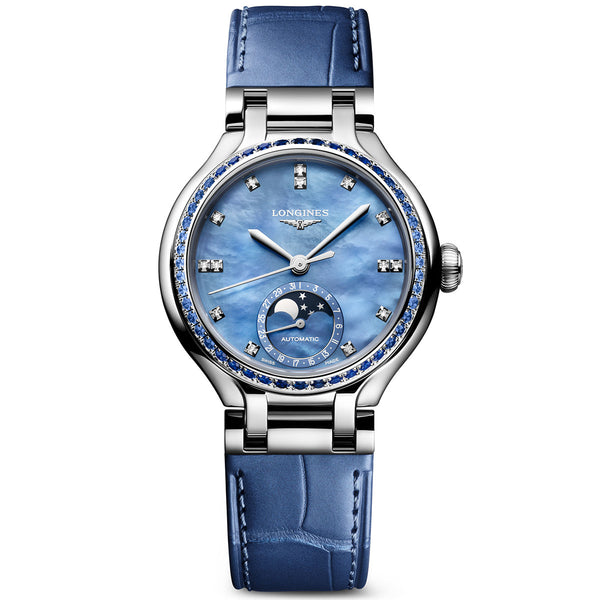 Longines PrimaLuna Moonphase 34mm Steel Automatic Strap Watch - Berry's Jewellers