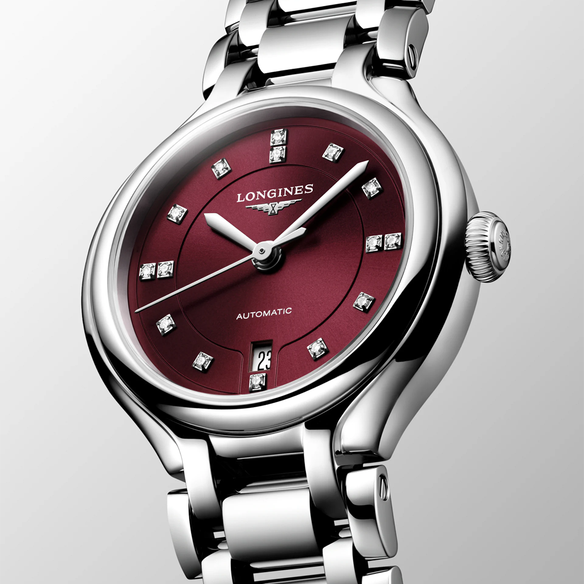 PrimaLuna 30mm Bordeaux Dial Diamond Set Automatic Bracelet Watch