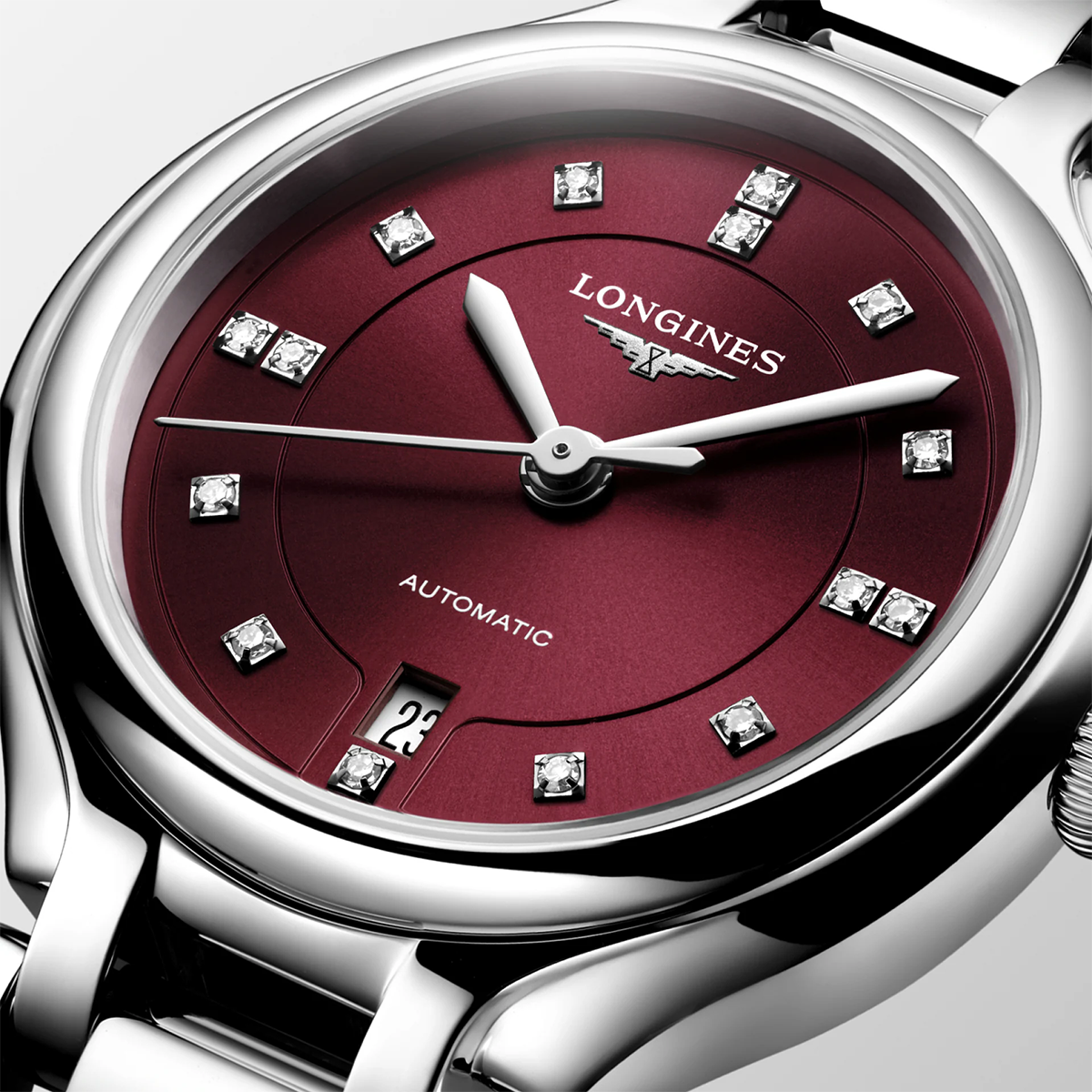 PrimaLuna 30mm Bordeaux Dial Diamond Set Automatic Bracelet Watch