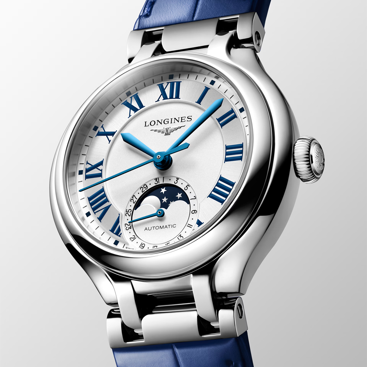 PrimaLuna Moonphase 34mm Ivory Dial Blue Strap Ladies Automatic Watch