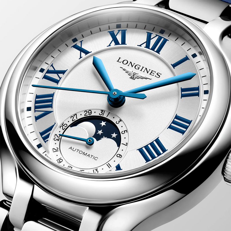 PrimaLuna Moonphase 34mm Ivory Dial Blue Strap Ladies Automatic Watch