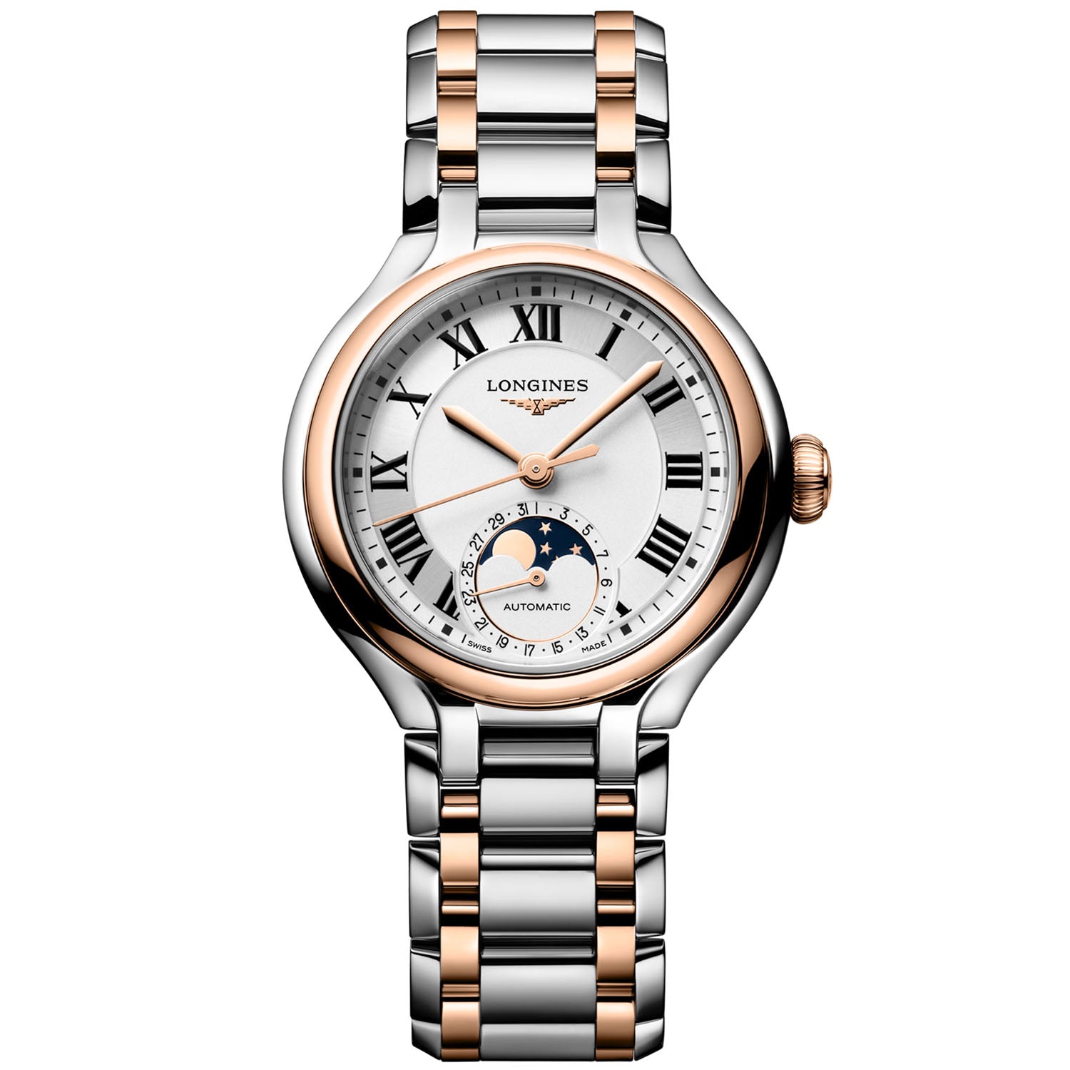 Longines PrimaLuna Moonphase 34mm Two-Tone White Dial Ladies Watch - Berry's Jewellers
