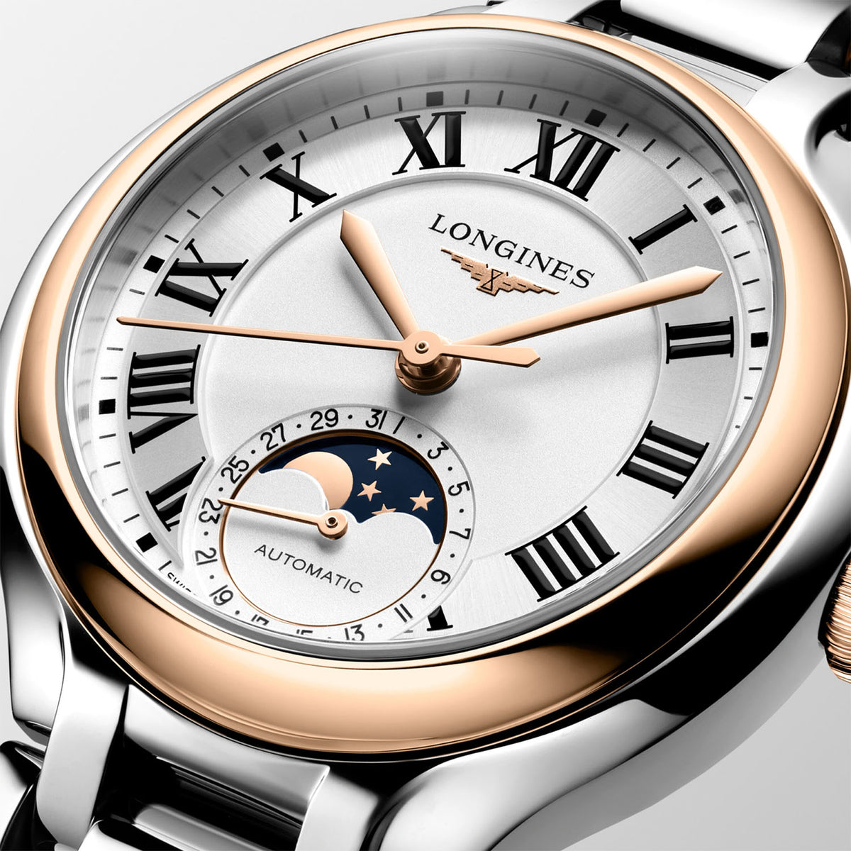 Longines PrimaLuna Moonphase 34mm Two-Tone White Dial Ladies Watch - Berry's Jewellers