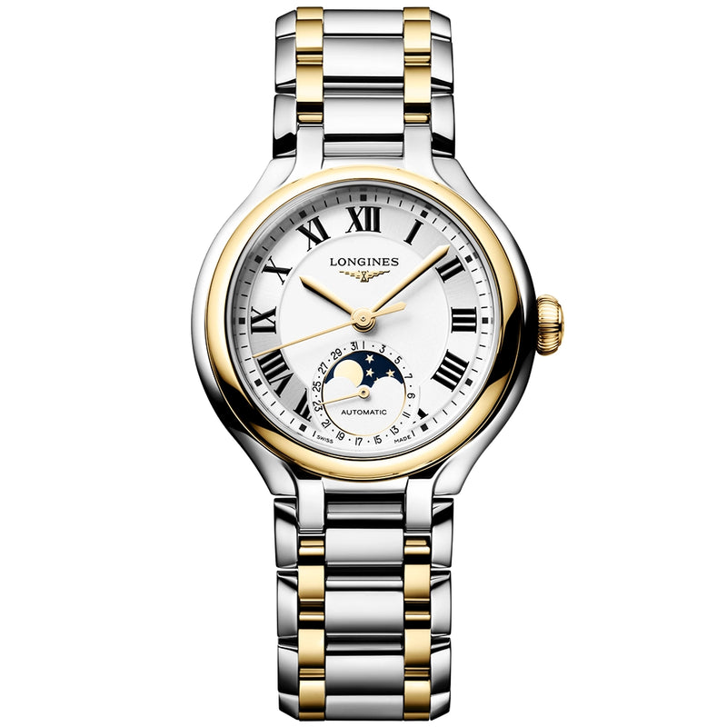 Longines PrimaLuna Moonphase 34mm Two-Tone White Dial Ladies Watch - Berry's Jewellers