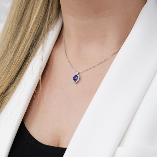 Berry's 18ct White Gold Pear Shaped Tanzanite Pendant With Diamond Surround And Bale - Berry's Jewellers