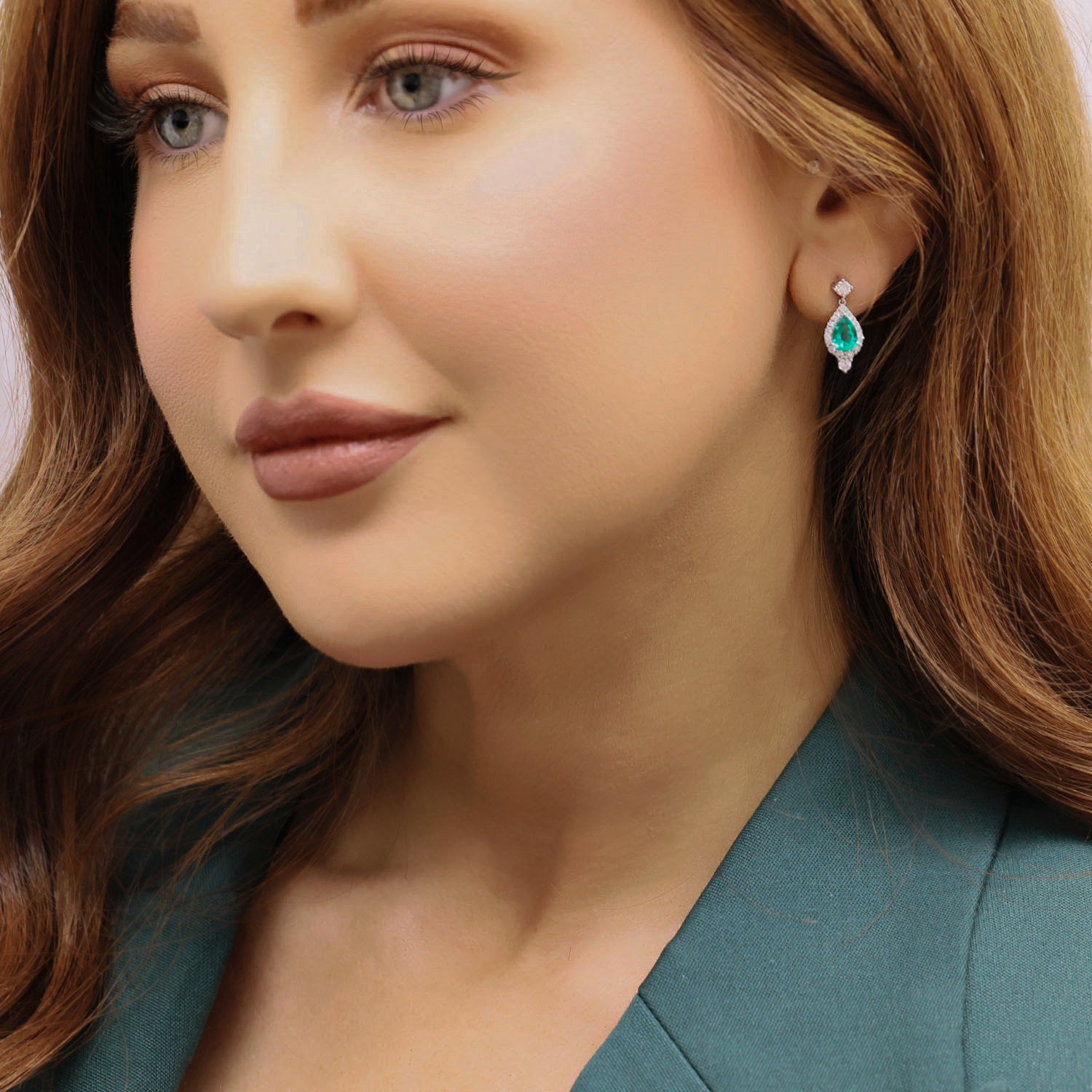 18ct White Gold Pear Shaped Emerald And Diamond Vintage Halo Drop Earrings