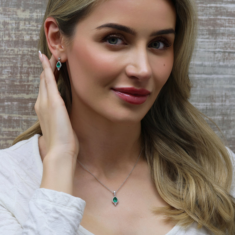 18ct White Gold Pear Shaped Emerald And Diamond Vintage Halo Drop Earrings