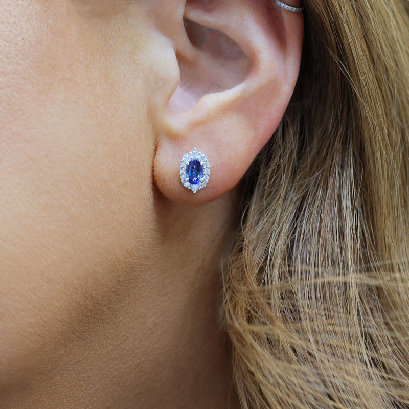 Berry's 18ct White Gold Oval Sapphire And Diamond Halo Stud Earrings - Berry's Jewellers