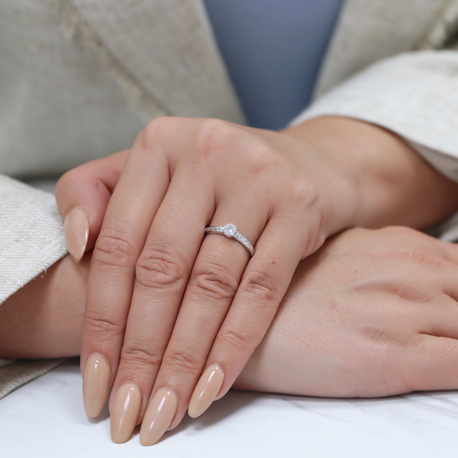Berry's Platinum Round Brilliant Cut Diamond Single Stone Ring With Baguette Cut Diamond Channel Set Shoulders - Berry's Jewellers