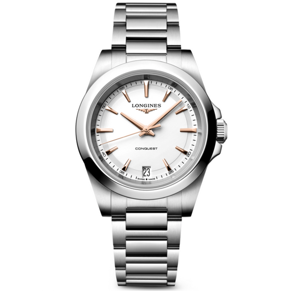 Conquest 34mm White Dial Steel Bracelet Ladies Watch