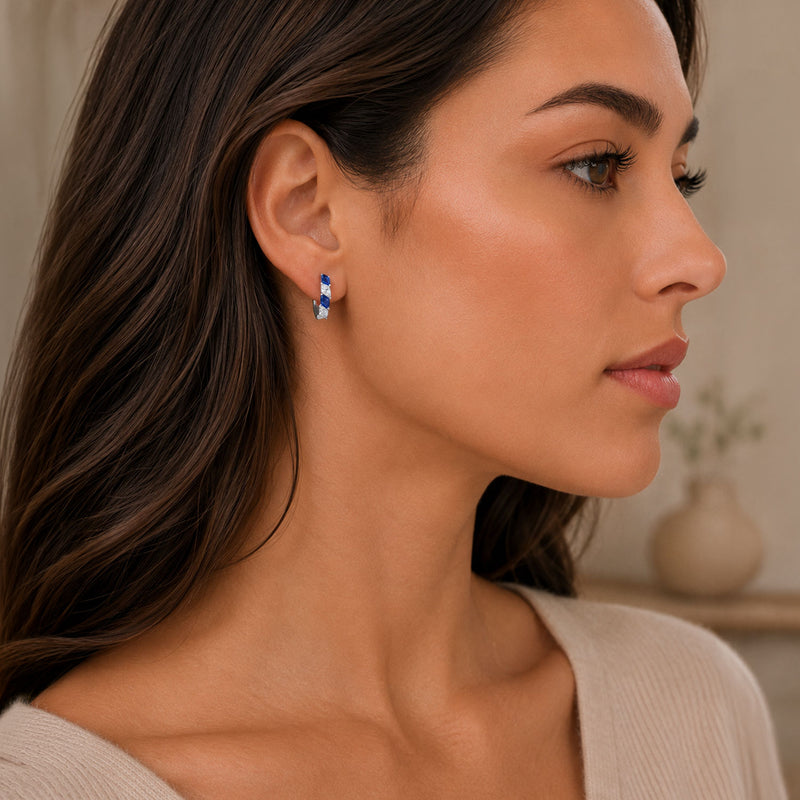 18ct White Gold Marquise Diamond & Sapphire Half Hoop Earrings