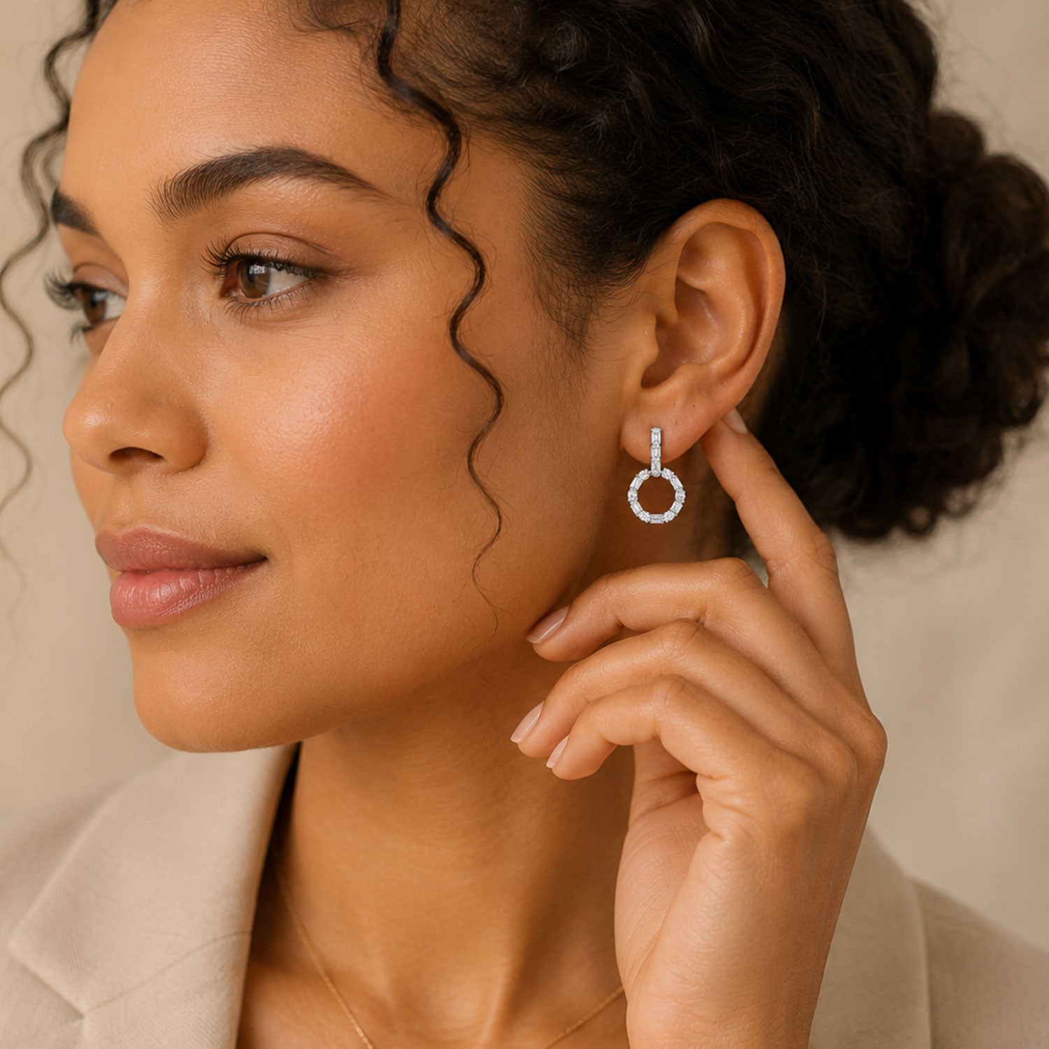 18ct White Gold Round Brilliant Cut and Baguette Hoop Drop Earrings