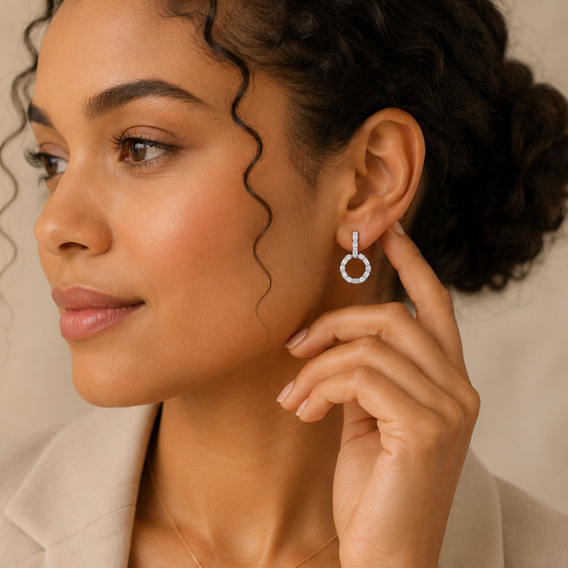 18ct White Gold Round Brilliant Cut and Baguette Hoop Drop Earrings