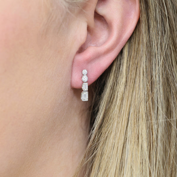 Berry's 18ct White Gold Brilliant and Emerald Cut Diamond Drop Earrings - Berry's Jewellers