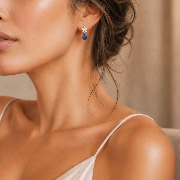 18ct White Gold Pear Sapphire And Marquise Diamond Flower Cluster Earrings