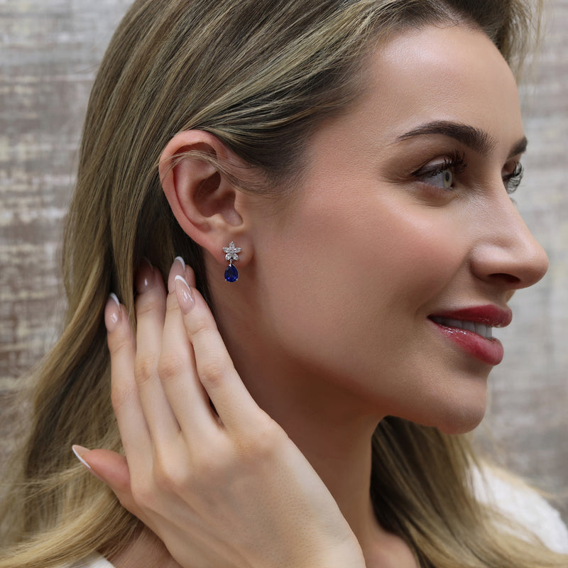 18ct White Gold Pear Sapphire And Marquise Diamond Flower Cluster Earrings