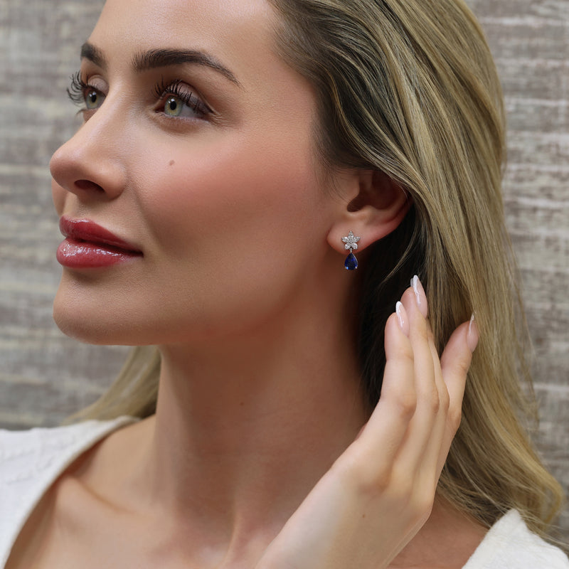 18ct White Gold Pear Sapphire And Marquise Diamond Flower Cluster Earrings