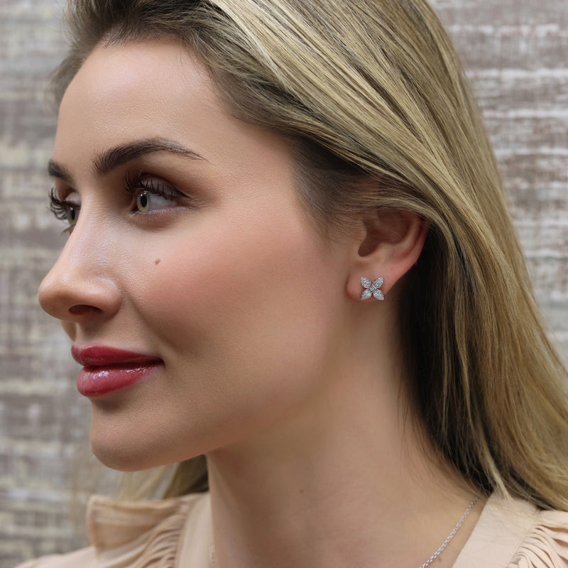 18ct White Gold Flower Stud Earrings With Diamond Pave Set Petals