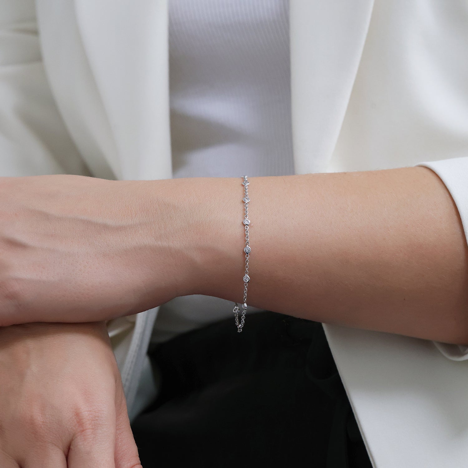 Berry's 18ct White Gold Rub Over Set Round Brilliant Cut Diamond Fine Chain Bracelet - Berry's Jewellers