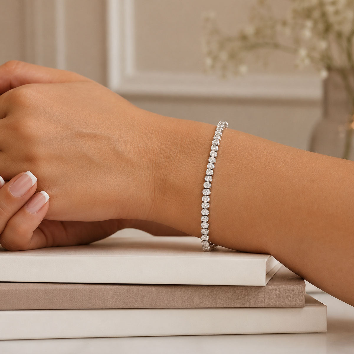 Platinum Claw Set Oval Cut Diamond Tennis Bracelet