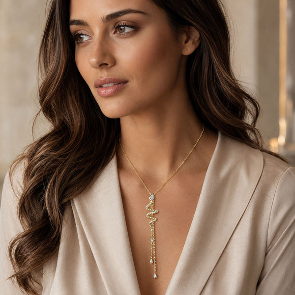 Berry's 18ct Yellow Gold Serpente Pear And Round Brilliant Cut Diamond Spiral Pave Necklet With Diamond Tassels - Berry's Jewellers