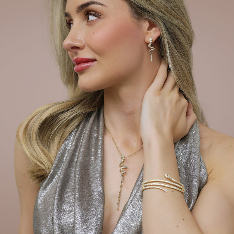 18ct Yellow Gold Serpente Pear & Round Brilliant Cut Diamond Spiral Pave Bangle