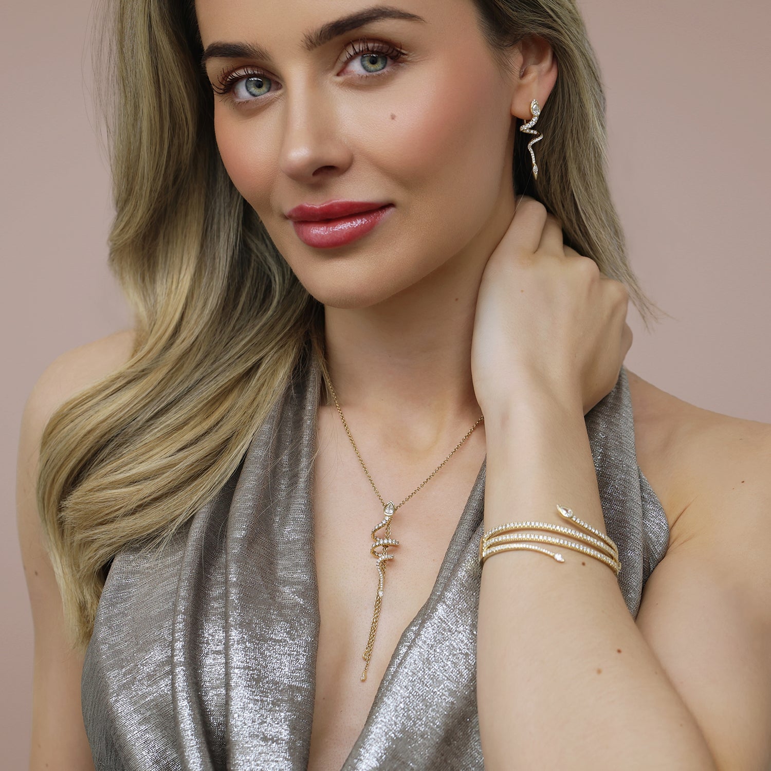 18ct Yellow Gold Serpente Pear And Round Brilliant Cut Diamond Spiral Pave Necklet With Diamond Tassels