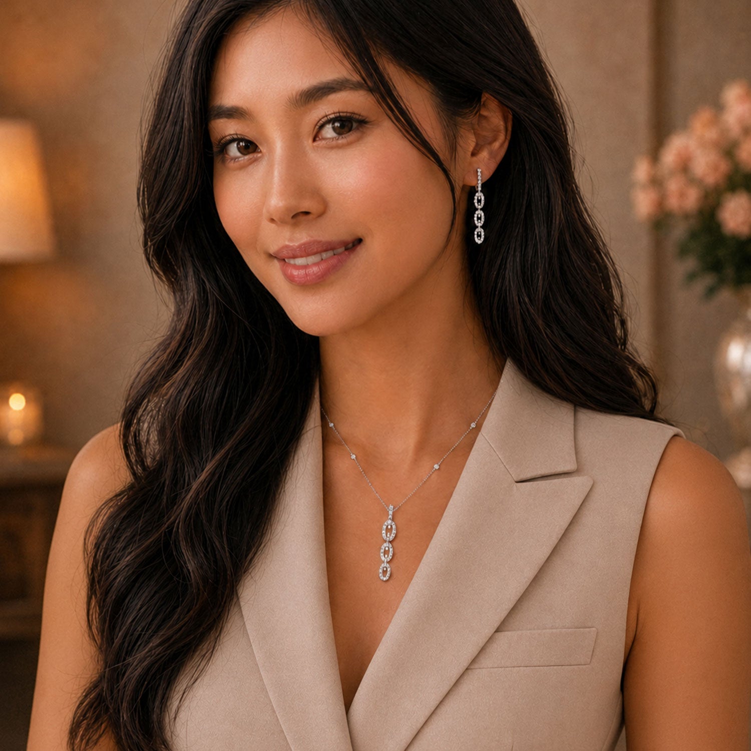 Berry's 18ct White Gold Round Brilliant Cut Diamond Link Design Drop Necklace - Berry's Jewellers
