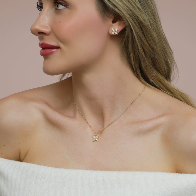 18ct Yellow Gold Flower Stud Earrings With Diamond Pave Set Petals