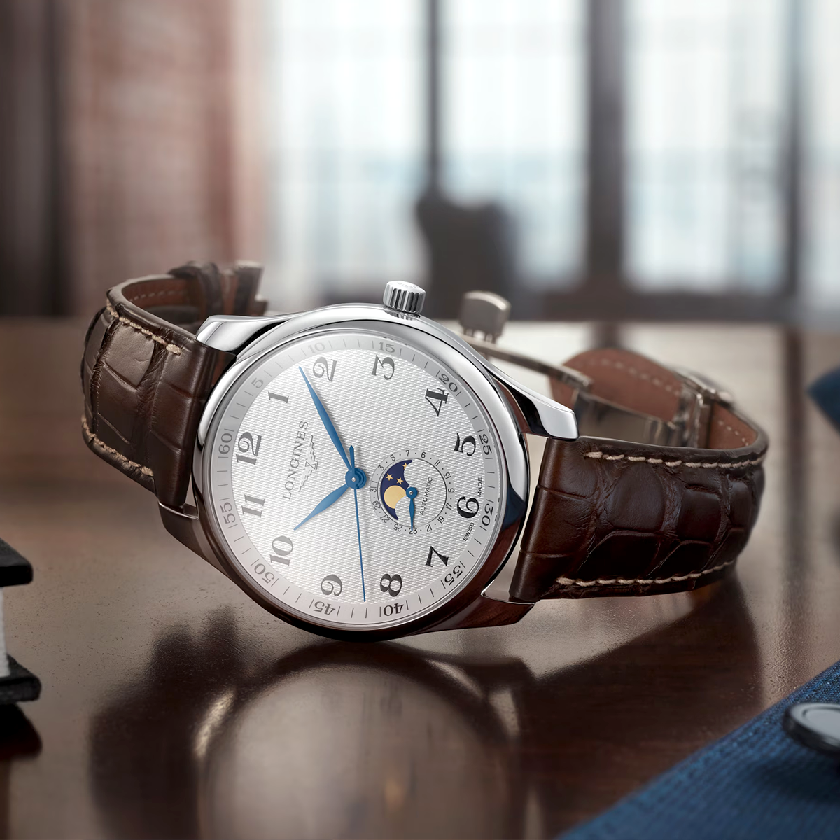 Master Collection Moonphase 42mm Silver Dial Leather Strap Watch