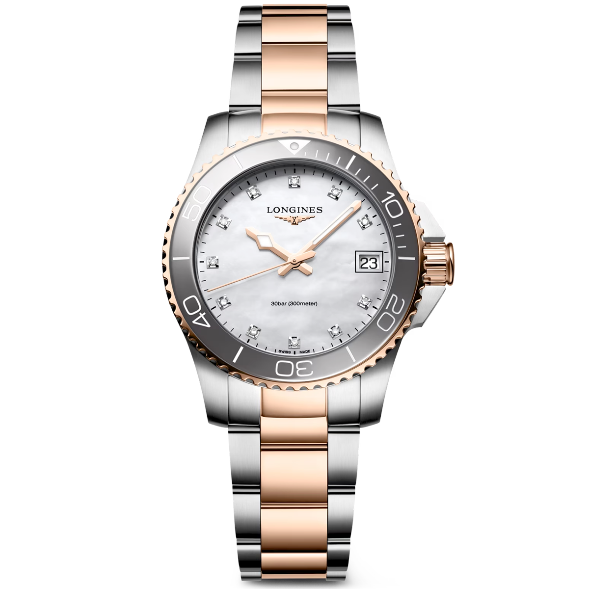 HydroConquest 32mm Two-Tone White Mother of Pearl Diamond Dial Watch
